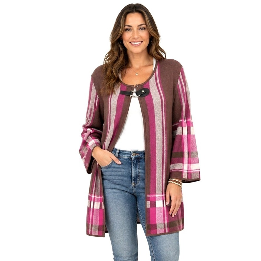 KASPER Size Large Plaid Pink Brown Longline Duster Toggle Cardigan Boho Chic EUC